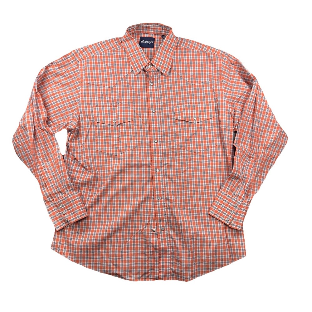Wrangler Western Shirt Mens XL Orange Plaid Pearl Snap Long Sleeve Yoke Regular